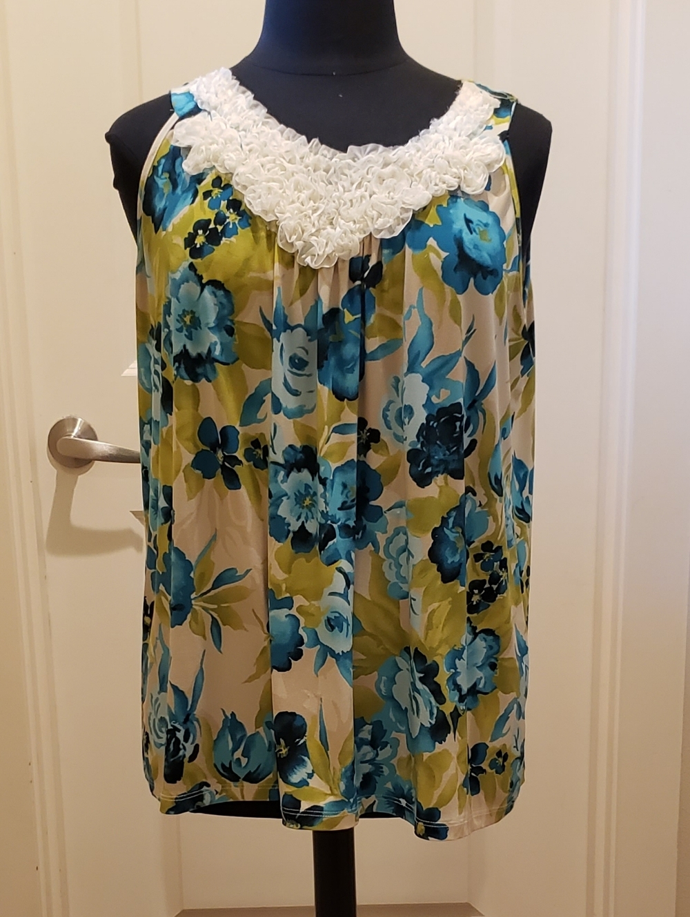 Floral Sleeveless Summer Top with White Crochet Neckline